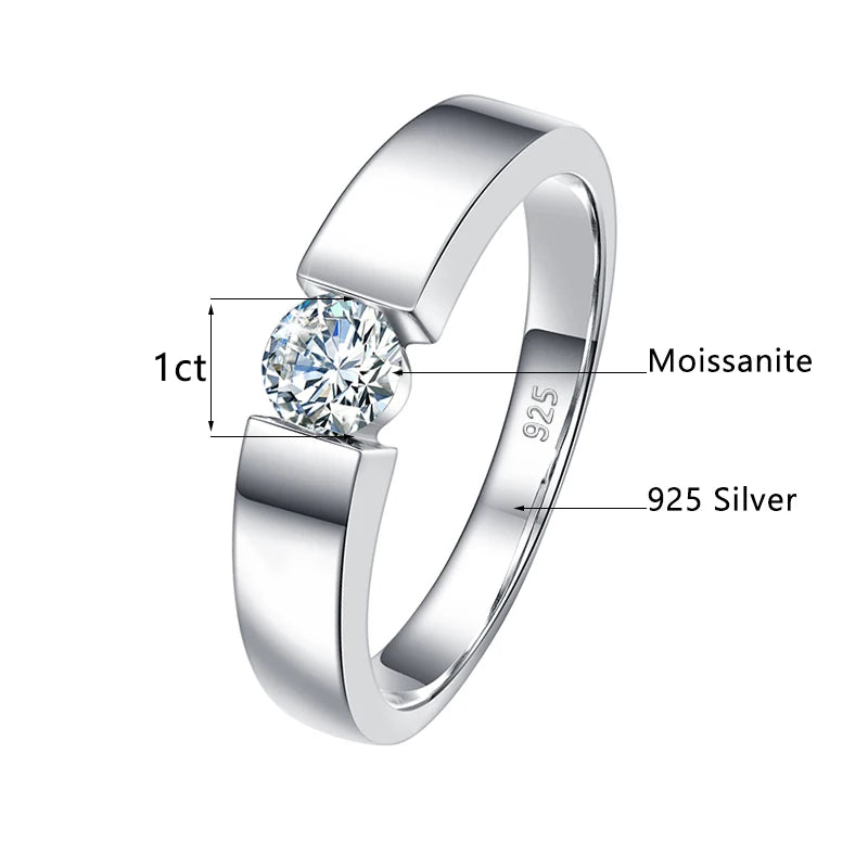 Real 0.5-1 Carat Round Cut Moissanite Ring Men Solid Sterling Silver 925 Certified Wedding Rings Couple Luxury Jewelry Trend New