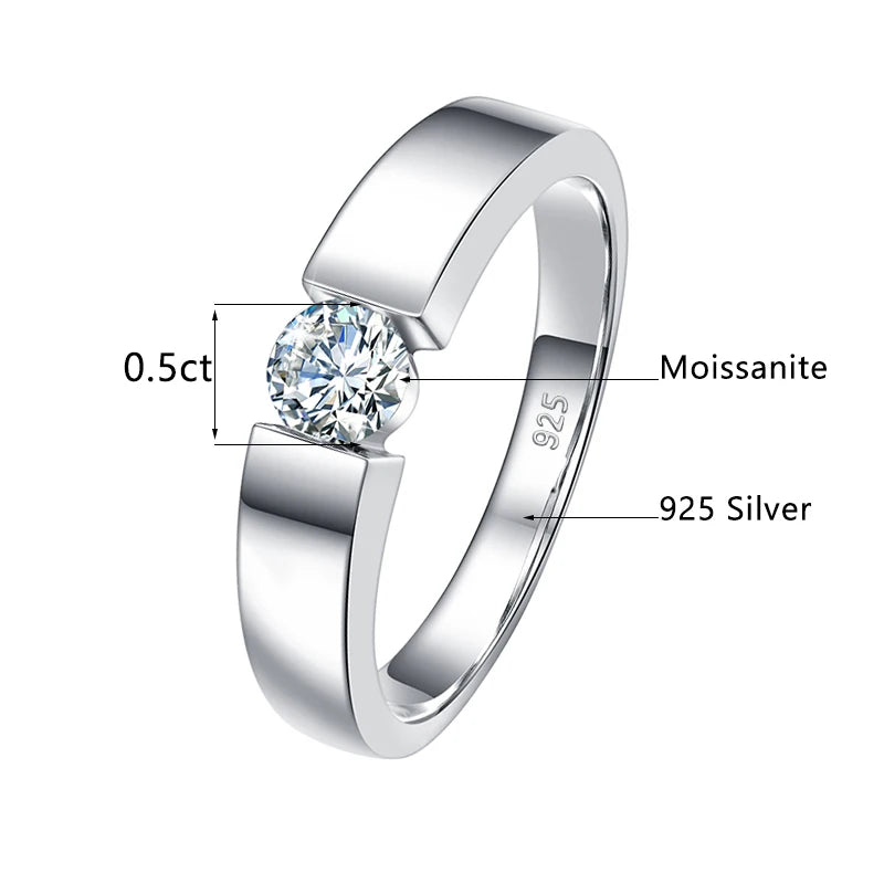 Real 0.5-1 Carat Round Cut Moissanite Ring Men Solid Sterling Silver 925 Certified Wedding Rings Couple Luxury Jewelry Trend New