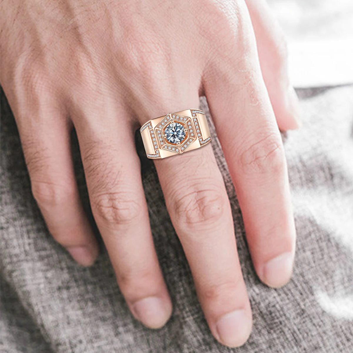 Original 925 Sterling Silver Ring Round Moissanite Diamond Mens Rings Rose Gold Color Thick Luxury Wedding Grooms Fine Jewelry