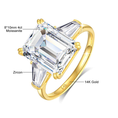Luxury AU585 Emerald Cut D Color VVS1 4CT Moissanite Ring for Women Real 14K Yellow Gold Ring Engegament Wedding Band Jewelry