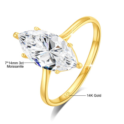 High Quality 14K Gold Rings for Women Marquise Cut 3ct VVS1 Moissanite Diamond Rings Au585 Luxury Jewelry for Engagement Trendy