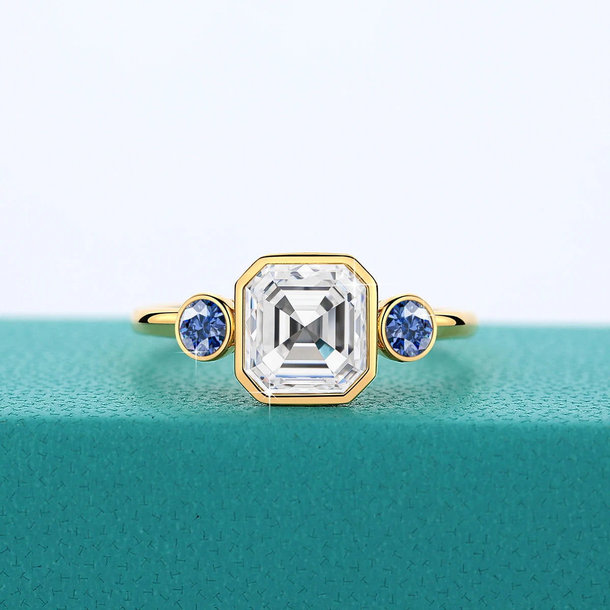 2ct Asscher Moissanite Rings for Women 14K AU585 Yellow Gold with Blue Corundum Ring for Wedding Engagement Luxury Jewelry