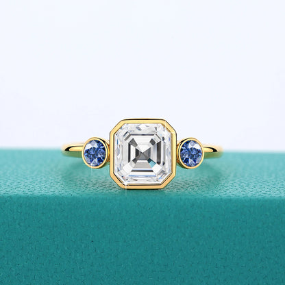 2ct Asscher Moissanite Rings for Women 14K AU585 Yellow Gold with Blue Corundum Ring for Wedding Engagement Luxury Jewelry