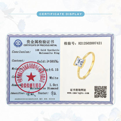 Au585 Classic Simple Princess Cut 1ct Moissanite Diamond Ring Genuine 14K Gold Rings for Women Wedding & Engagement Jewelry