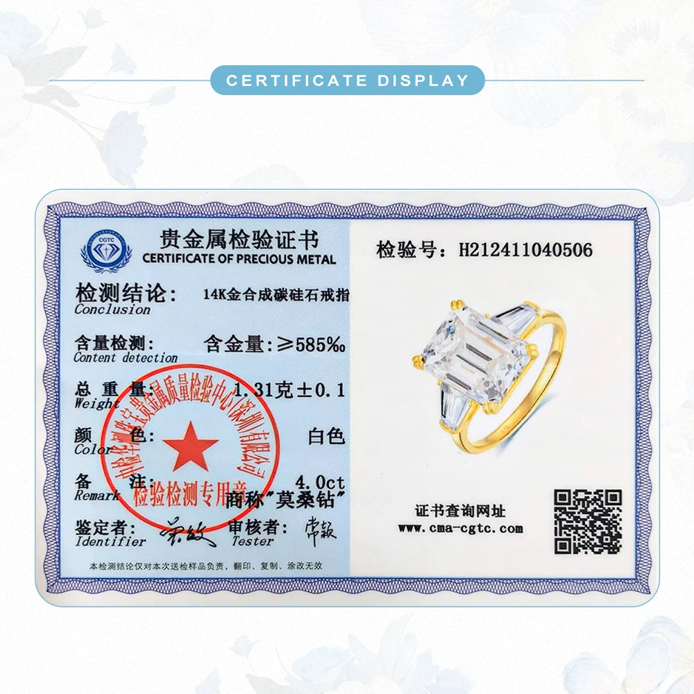 Luxury AU585 Emerald Cut D Color VVS1 4CT Moissanite Ring for Women Real 14K Yellow Gold Ring Engegament Wedding Band Jewelry