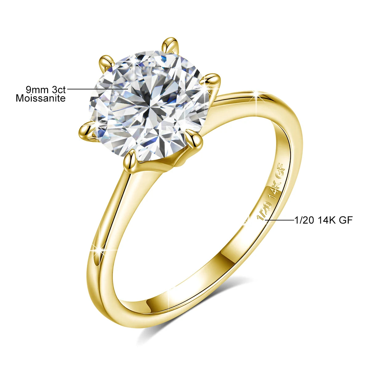 14k Gold Filled Classic Six Claws Wedding Ring Bands for Women 9mm 3ct GRA Moissanite Diamond Bridal Sets Engagement Jewelry