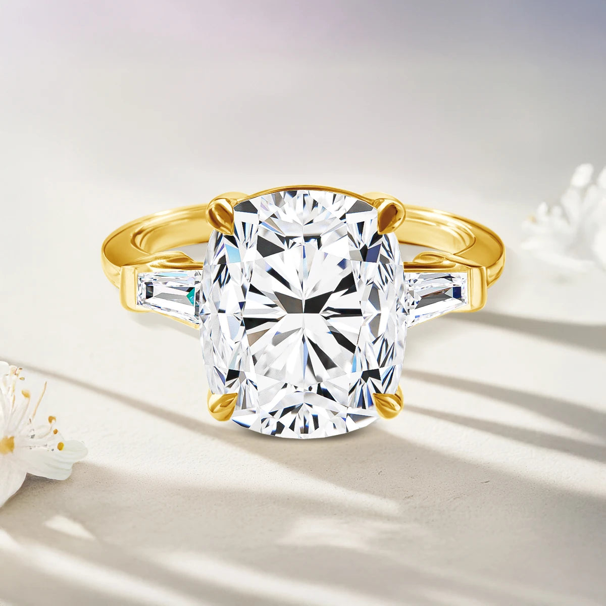 AU585 14K Gold Three Stone Moissanite Diamond Rings for Women Glamorous Sophisticated Look Cocktail Ring Engagement Fine Jewelry