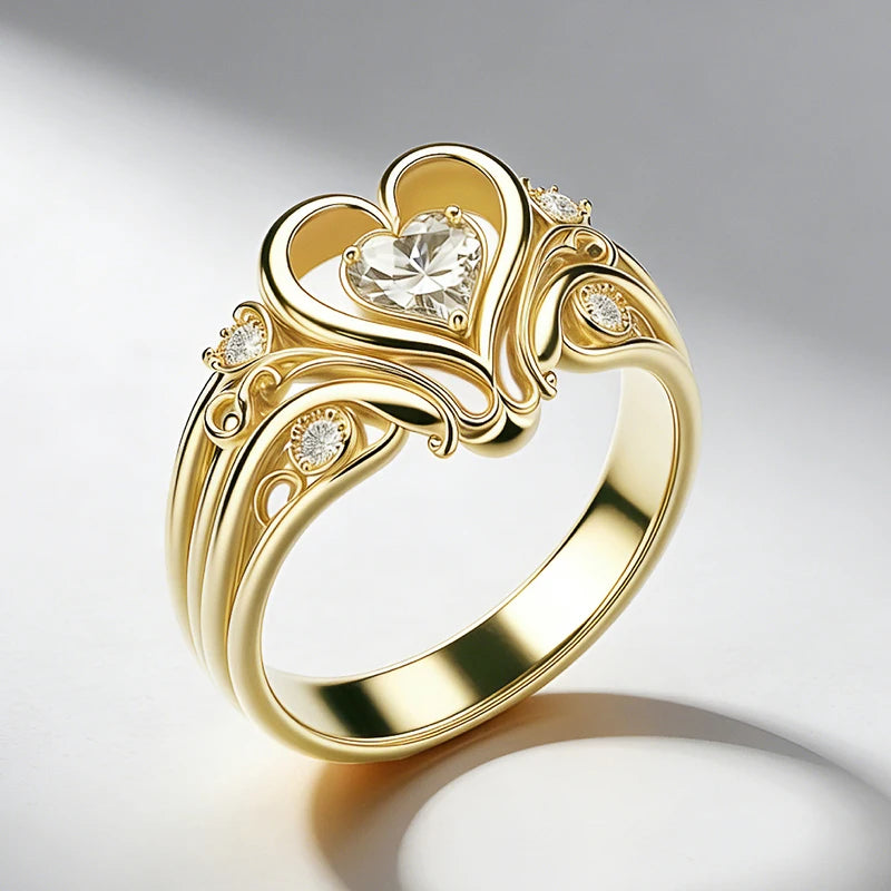 Huitan Noble Romantic Heart Rings Lovely Sweet Graceful Engagement Jewelry for Women Modern Opulent Popular Finger Accessories