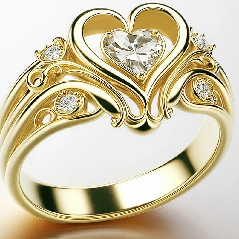 Huitan Noble Romantic Heart Rings Lovely Sweet Graceful Engagement Jewelry for Women Modern Opulent Popular Finger Accessories
