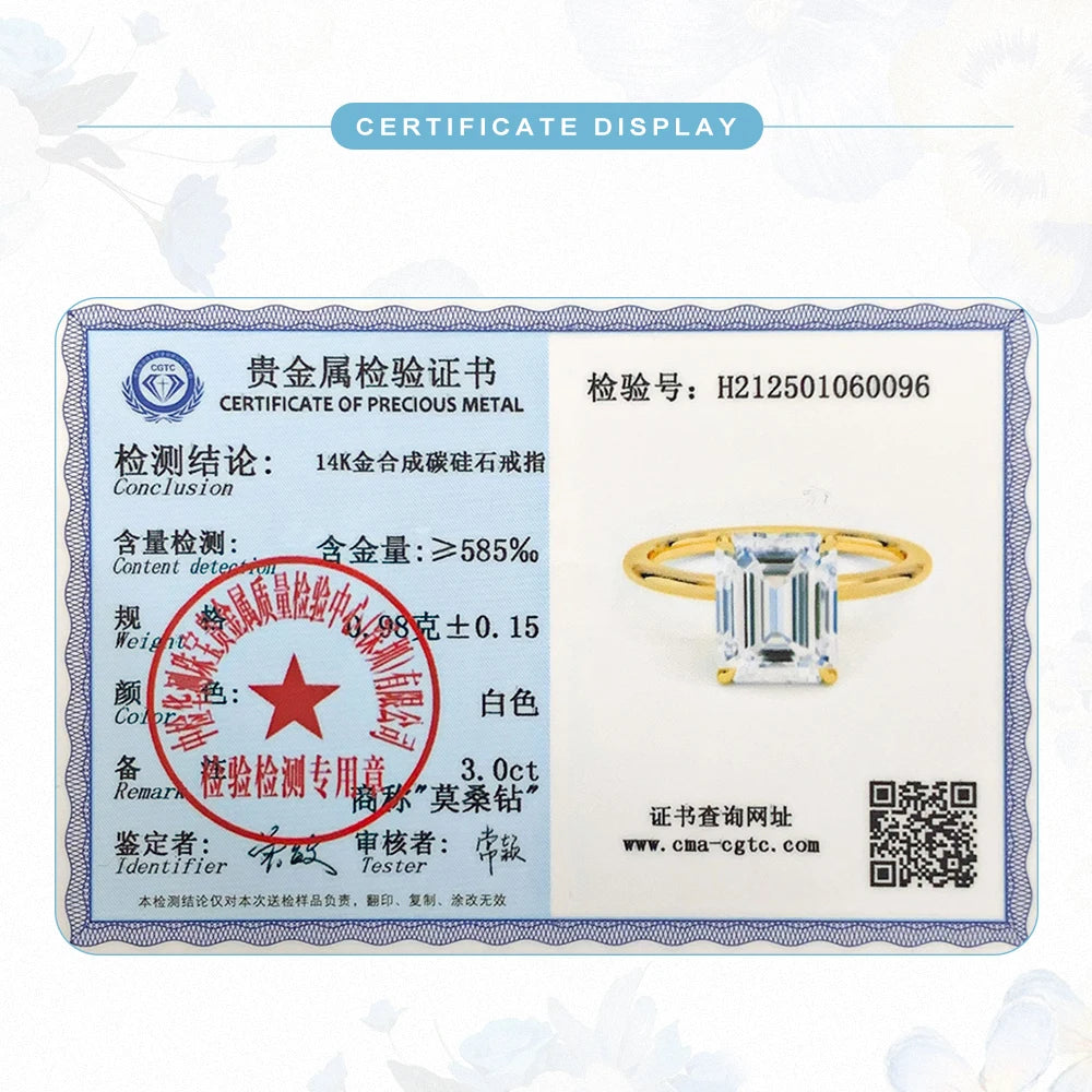 Classic 14K Gold Ring Certificate Emerald Cut Moissanite Diamond Rings 1ct 2ct 3ct Au585 K Gold Wedding Fine Jewelry for Women