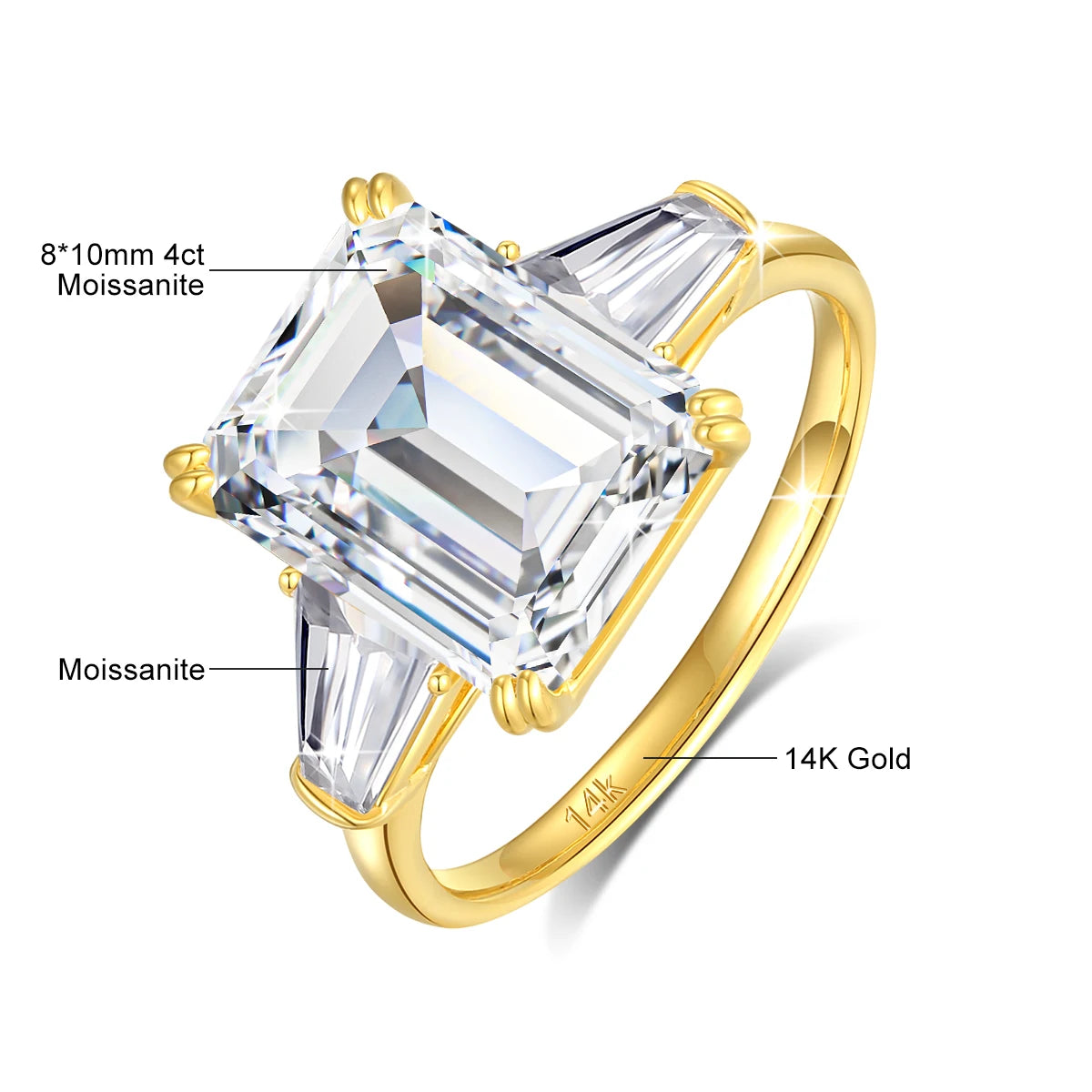 Luxury AU585 Emerald Cut D Color VVS1 4CT Moissanite Ring for Women Real 14K Yellow Gold Ring Engegament Wedding Band Jewelry