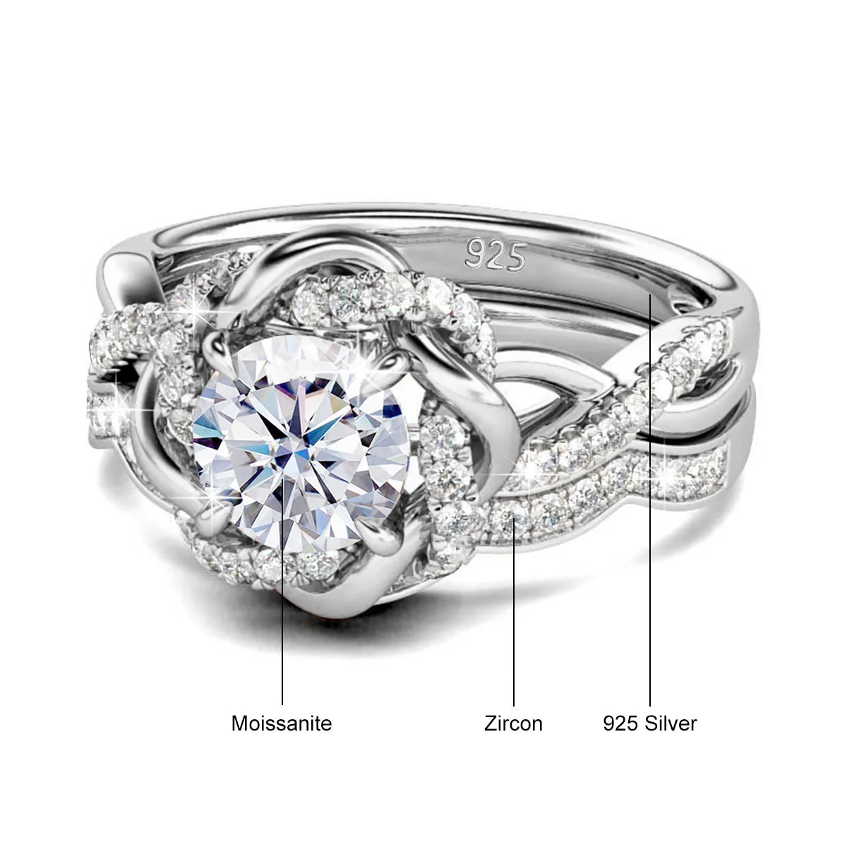 3ct Moissanite Diamond Certified Original Sterling Silver 925 Ring Set Twist Floral Luxury Engagement Wedding Jewelry For Women