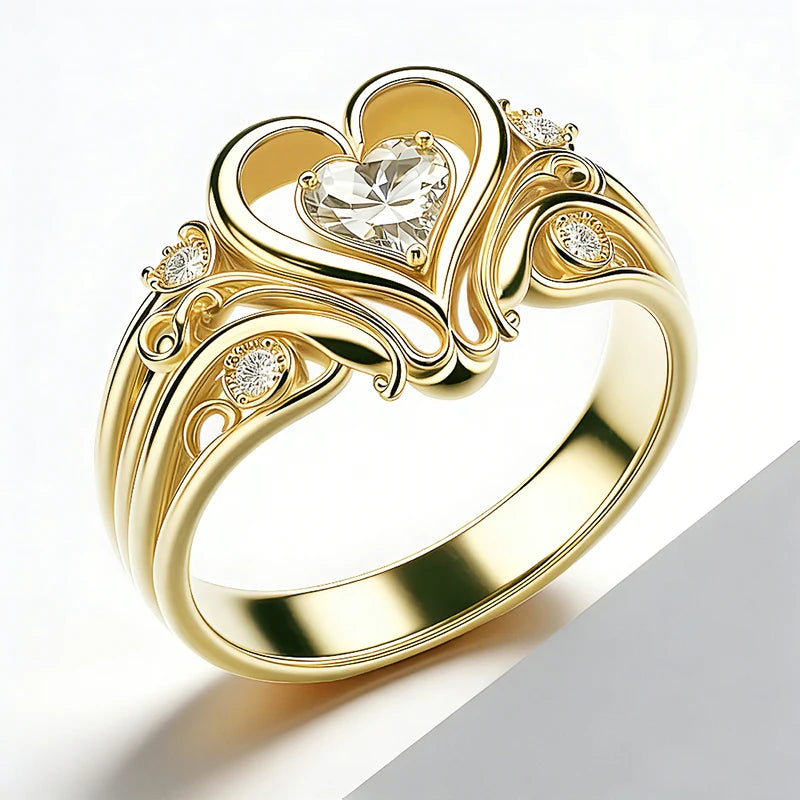 Huitan Noble Romantic Heart Rings Lovely Sweet Graceful Engagement Jewelry for Women Modern Opulent Popular Finger Accessories