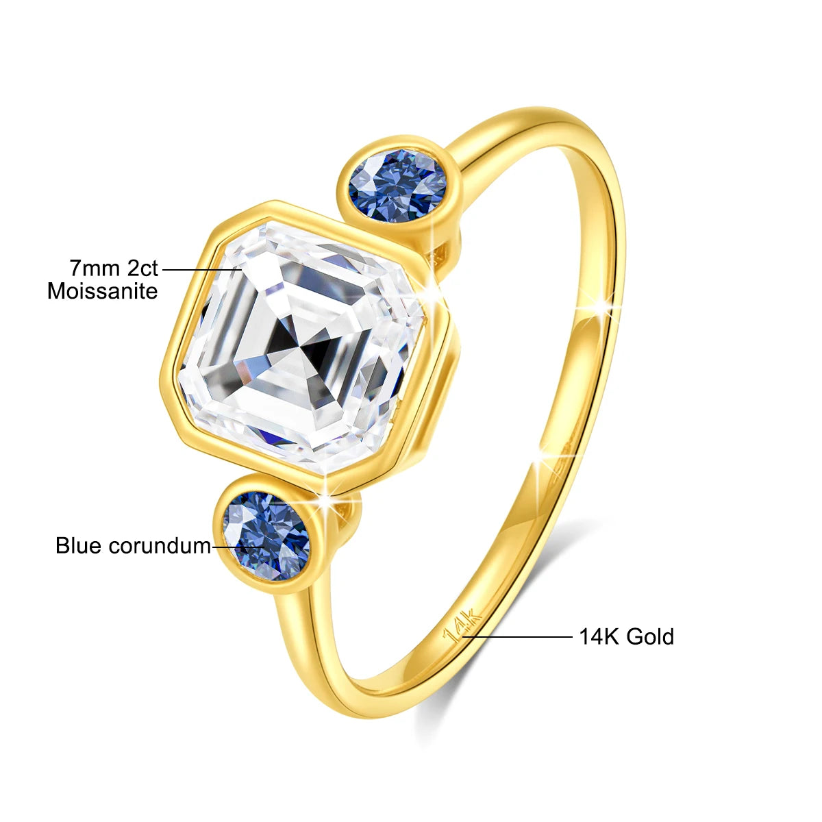 2ct Asscher Moissanite Rings for Women 14K AU585 Yellow Gold with Blue Corundum Ring for Wedding Engagement Luxury Jewelry