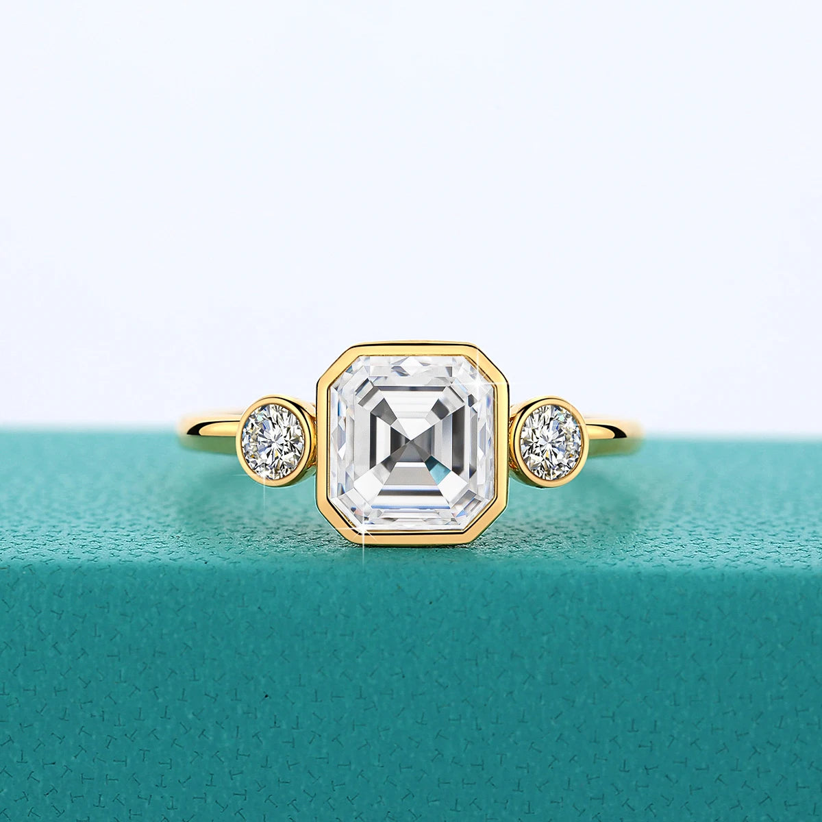 2ct Asscher Moissanite Rings for Women 14K AU585 Yellow Gold with Blue Corundum Ring for Wedding Engagement Luxury Jewelry