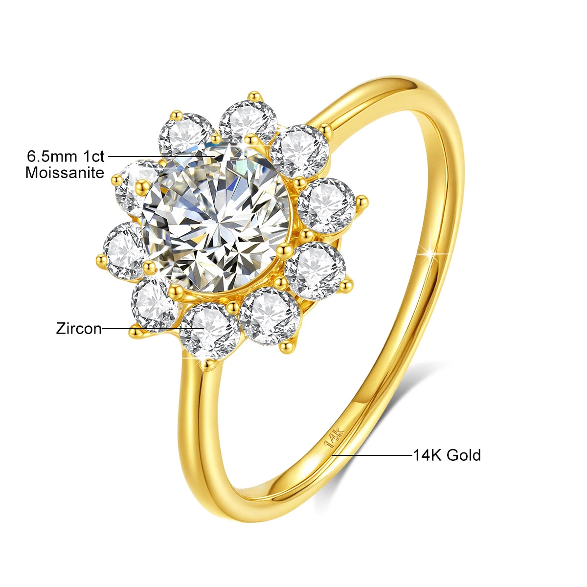 Princess Diana 14K Gold Au585 1ct VVS1 Diamond Moissanite Ring for Women Snowflake Engagement Wedding Gift Romantic Jewelry