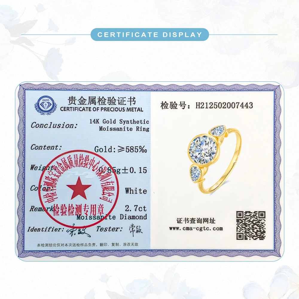 Original 14k Gold Rings Pure Au585 2.7ct Full Moissanite Diamond Ring for Women Lovers' Engagement Wedding Bands Fine Jewelry
