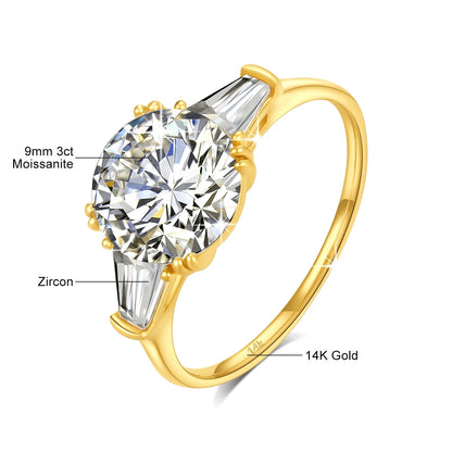 Romantic 9mm 3ct Moissanite Diamond Ring AU585 14K Gold D Color VVS1 Wedding Band Rings for Women Engagement Luxury Jewelry