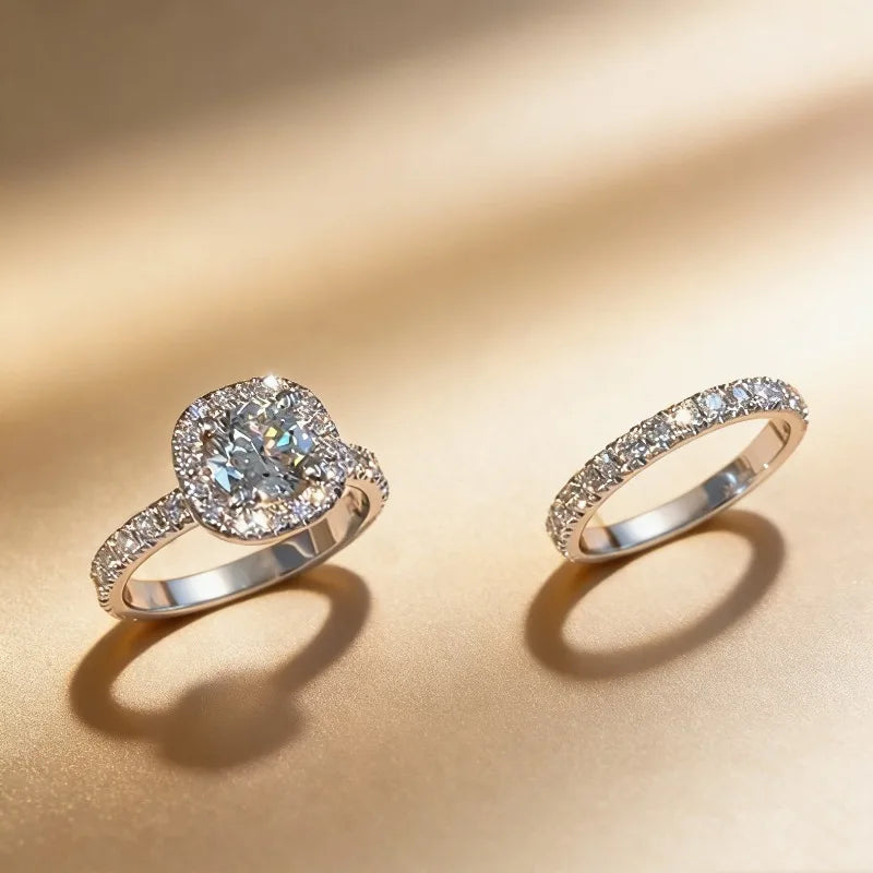 Luxury Exquisite Silver Color Princess Ring for Women Fashion Inlaid White Zircon Stones Wedding Rings Set Engagement Jewelry