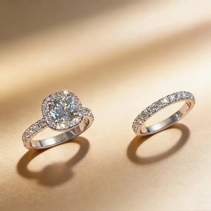 Luxury Exquisite Silver Color Princess Ring for Women Fashion Inlaid White Zircon Stones Wedding Rings Set Engagement Jewelry