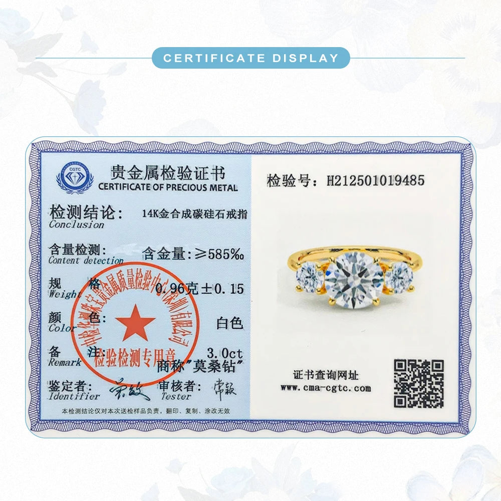 Luxe Three Stone Moissanite Diamond 14K Gold Engagement Ring Au585 Elegant Love Rings for Women Delicate Certified Wedding Bands